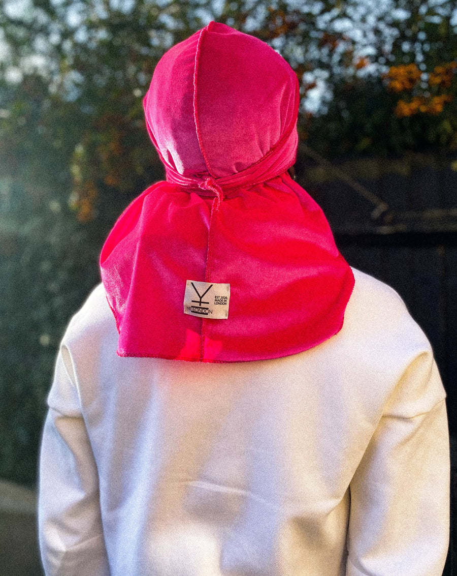 YE London durag in Lobster Pink, back view with logo